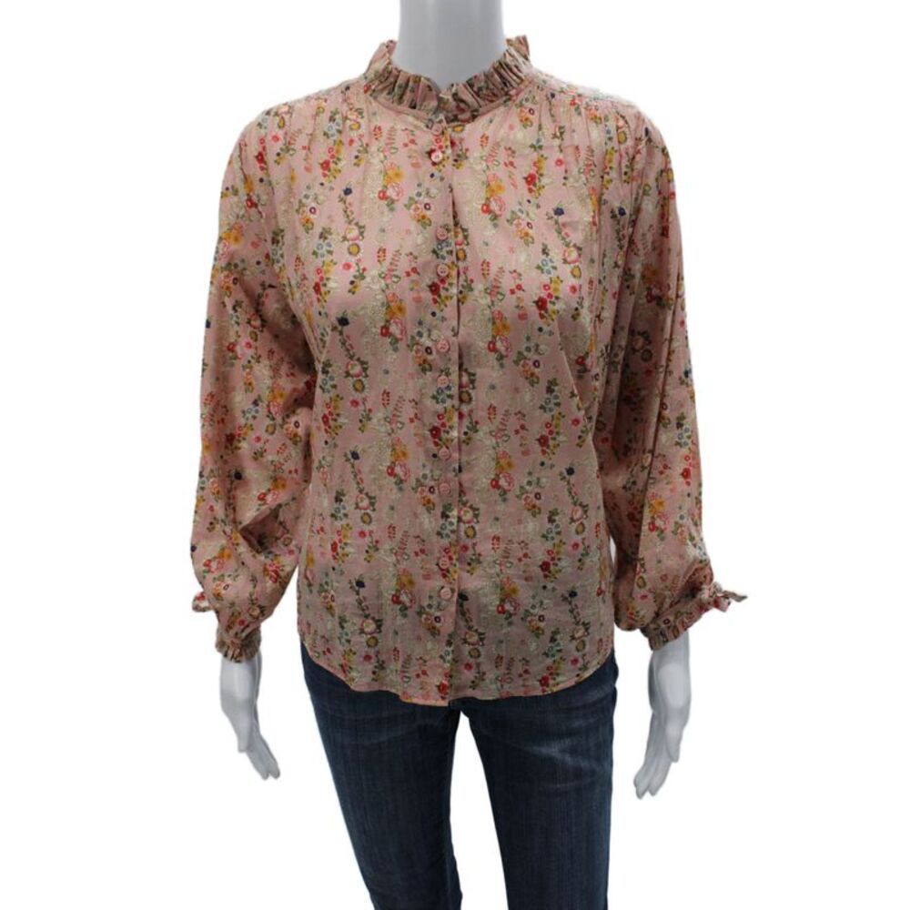 Notshy Women Basic Floral Cotton High Neck Long Sleeve Blouse Size XS